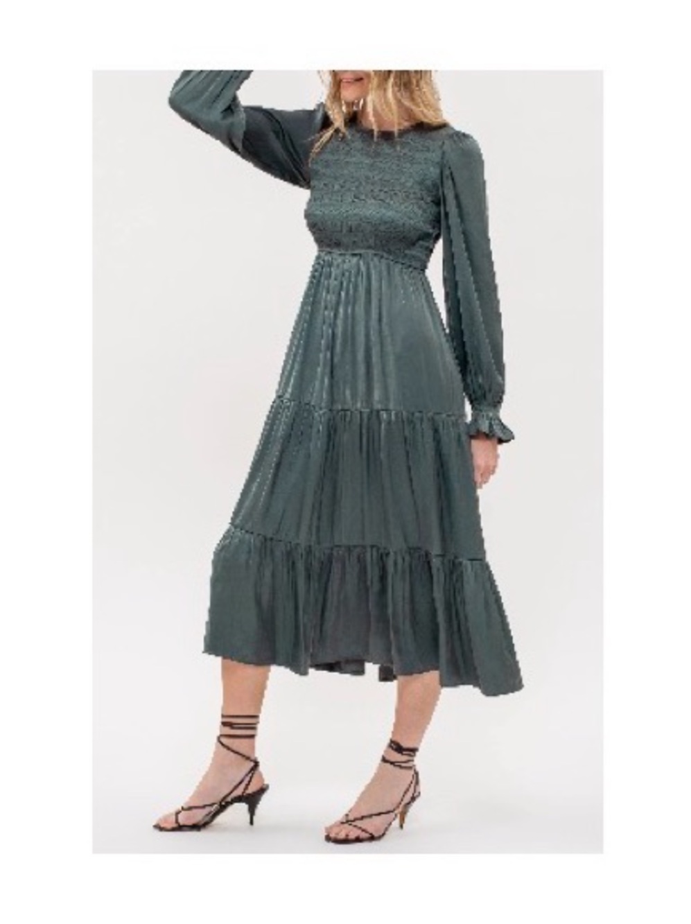 Smocked Tiered Long-Sleeve Midi Dress — Forest Green nordstrom